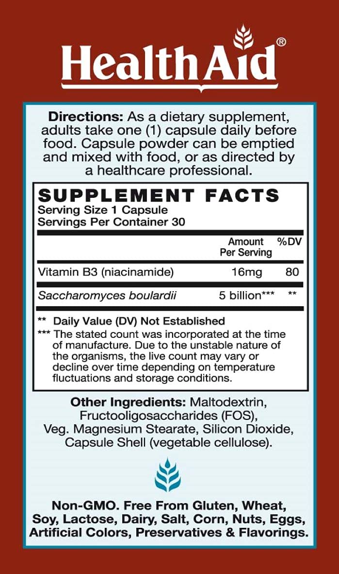 Bottle label highlighting Vitamin B3 and FOS, with acid- and bile-resistant strains