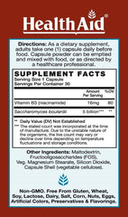 Bottle label highlighting Vitamin B3 and FOS, with acid- and bile-resistant strains
