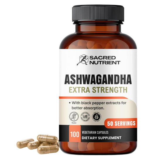 Bottle of Sacred Nutrient Organic Ashwagandha Extra Strength with Black Pepper