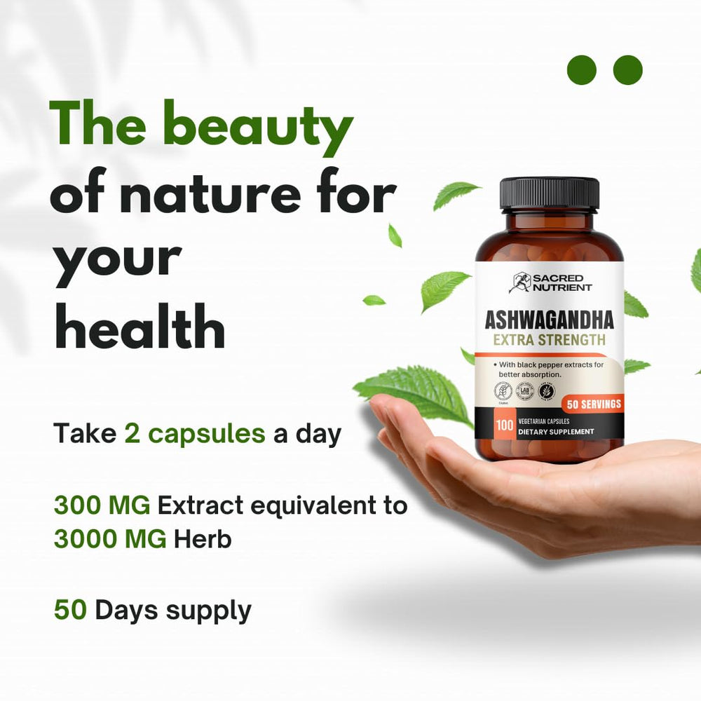 Packaging box and bottle display of Sacred Nutrient Ashwagandha