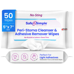 Safe n’ Simple wipes pack closeup for convenient adhesive removal