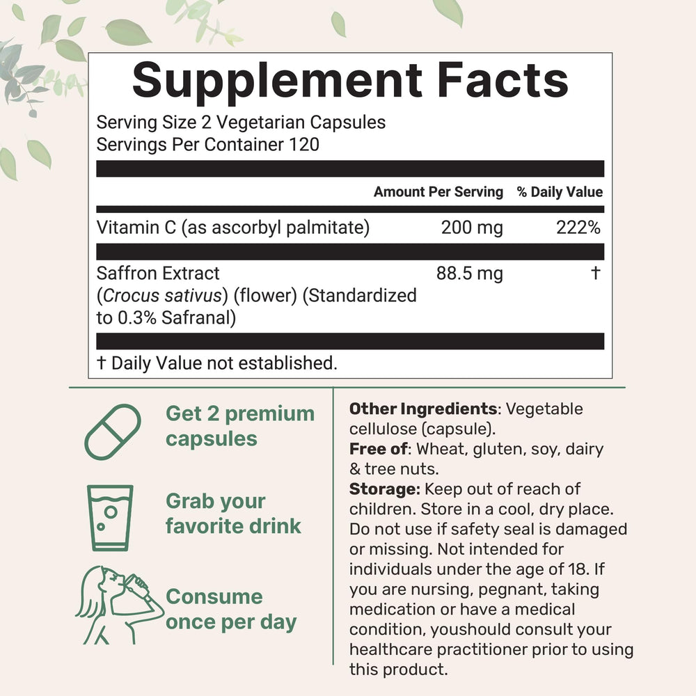 Close-up of saffron extract capsules bottle