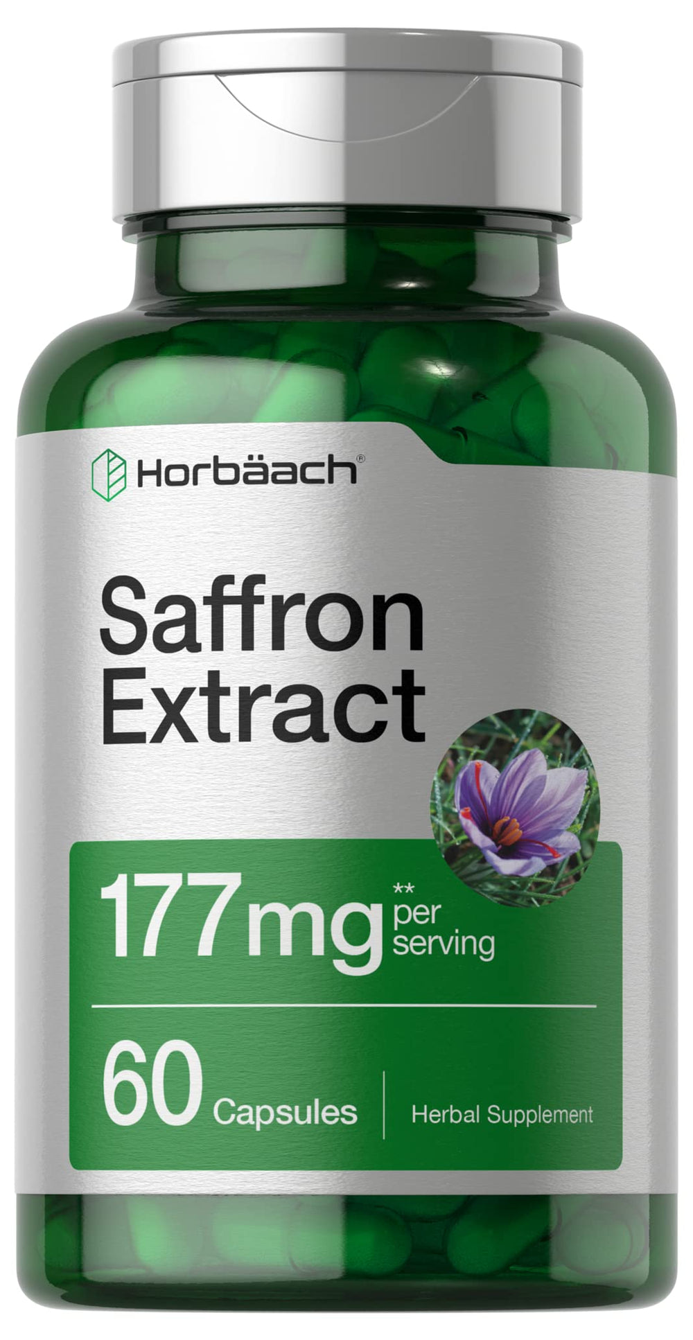 Front view of Horbäach Saffron Extract Capsules bottle