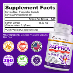 Non-GMO and gluten-free label on saffron capsules bottle