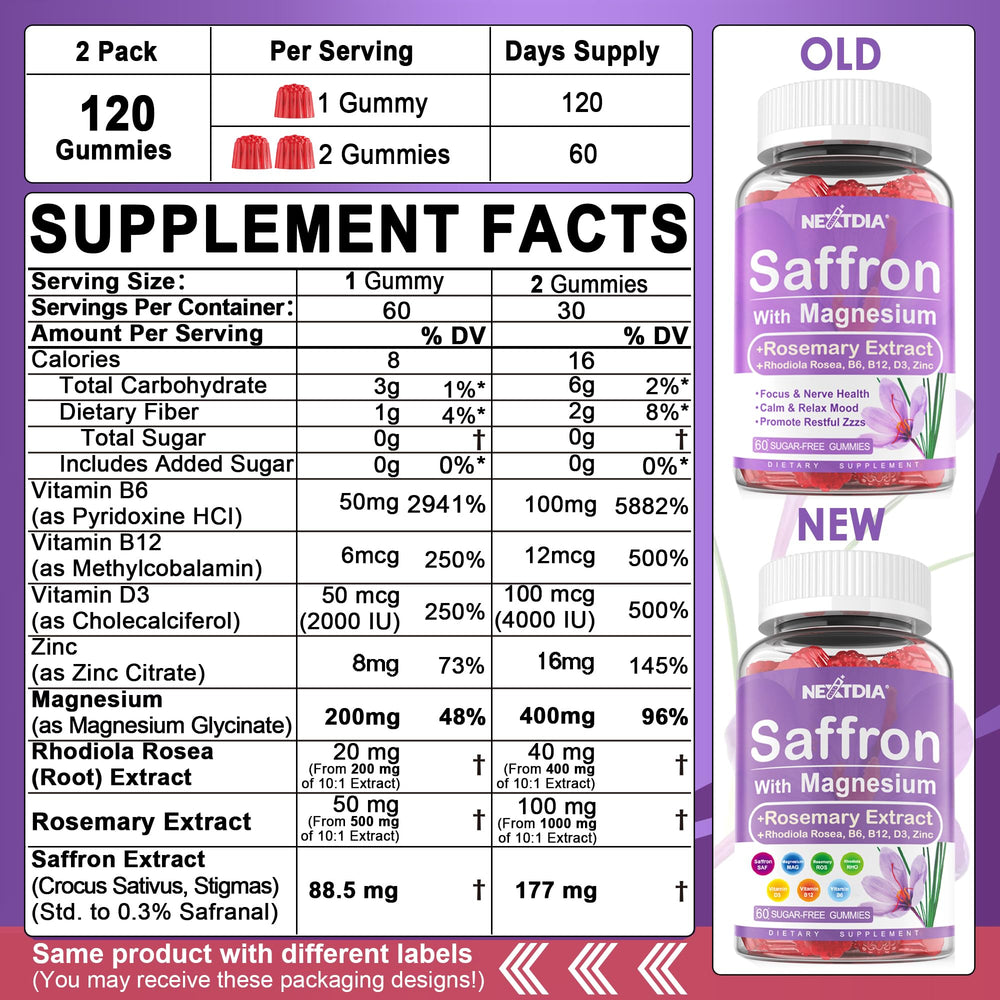 Two-pack saffron gummies packaging against white background