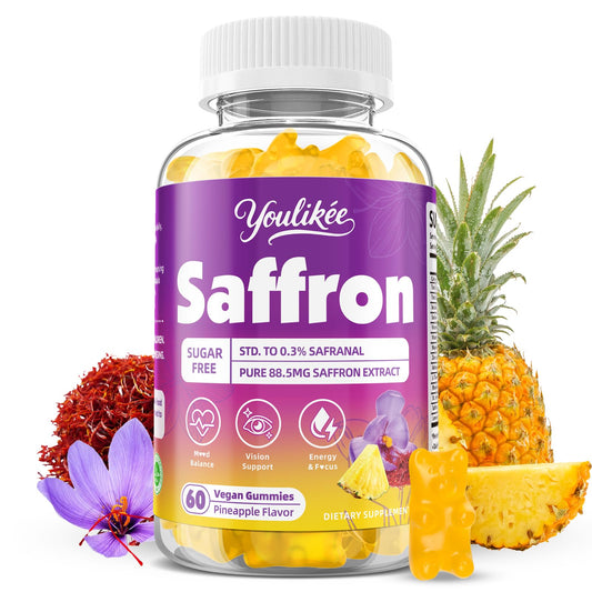Bottle of Saffron Gummies 88.5mg with pineapple flavor