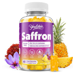 Bottle of Saffron Gummies 88.5mg with pineapple flavor