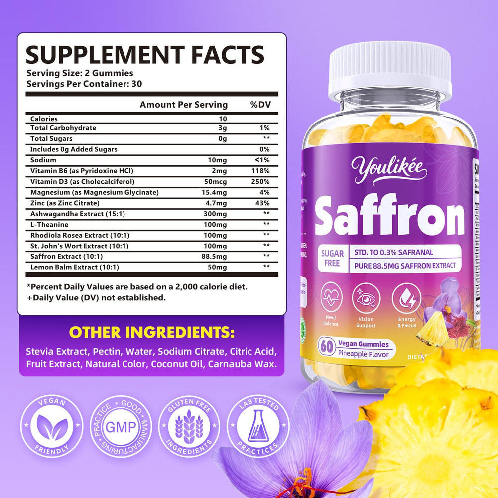Close-up of saffron extract 0.3% Safranal in gummies