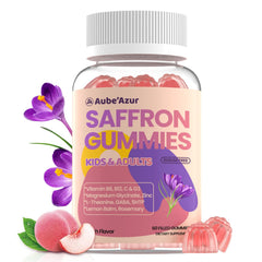 Front view of saffron gummies bottle – 60 count, peach flavor, 88.5mg per gummy