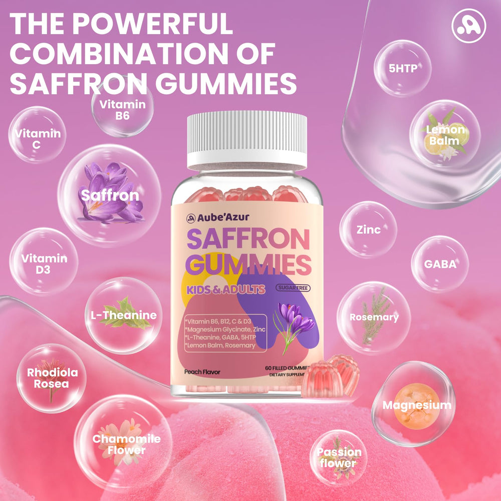Ingredients listing showing vegan, non-GMO, sugar-free saffron gummies