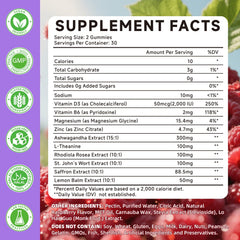 Ingredient panel showing saffron extract with Ashwagandha, L-Theanine and Rhodiola rosea.