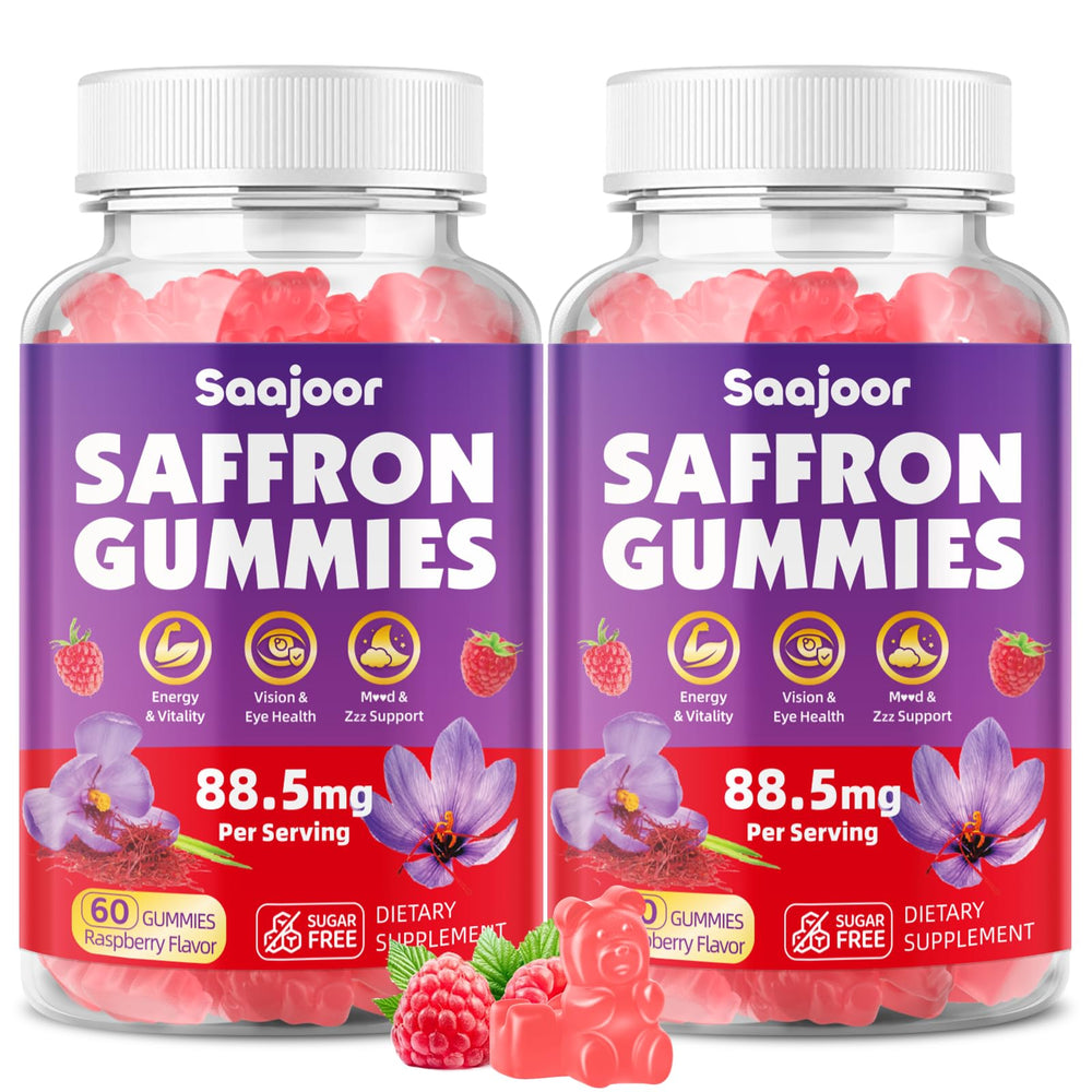 Front view of Saffron Gummies Raspberry Vegan 120-count bottle