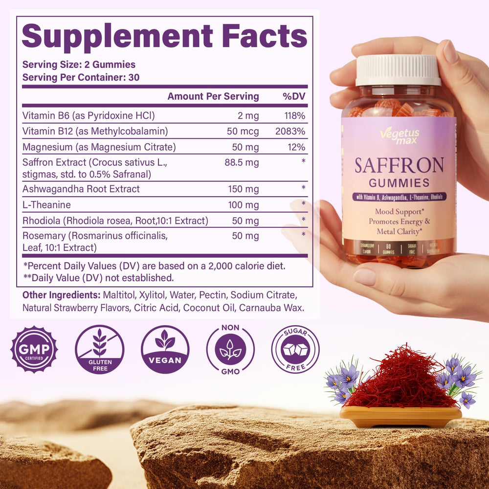 Close-up of saffron extract 88.5 mg with Ashwagandha and L-Theanine ingredients