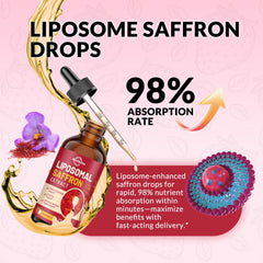 Strawberry-flavored saffron liquid bottle with vitamin icons