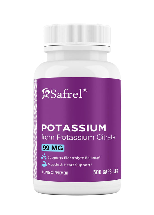 Bottle of Safrel Potassium Citrate Capsules with label on white background