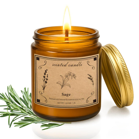 Sage candle in a 16oz amber jar for cleansing and relaxation