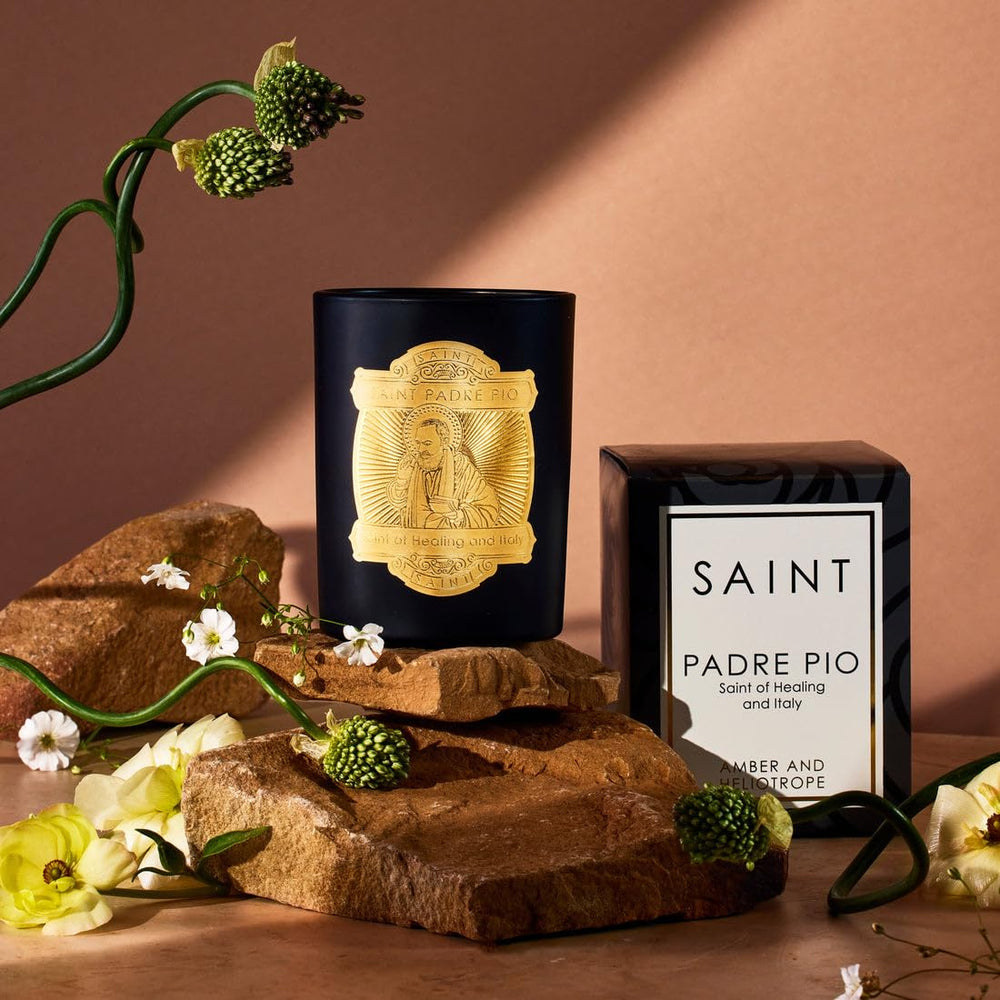 Special edition Saint Padre Pio candle packaging and branding