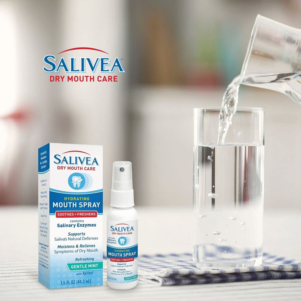Person applying SALIVEA Dry Mouth Spray in the mouth
