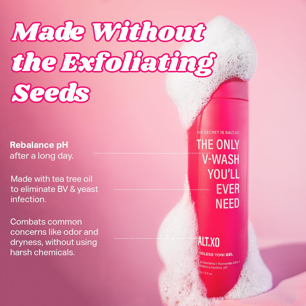 salt.xo Seedless Yoni Gel Wash foamy lather shown for gentle cleansing