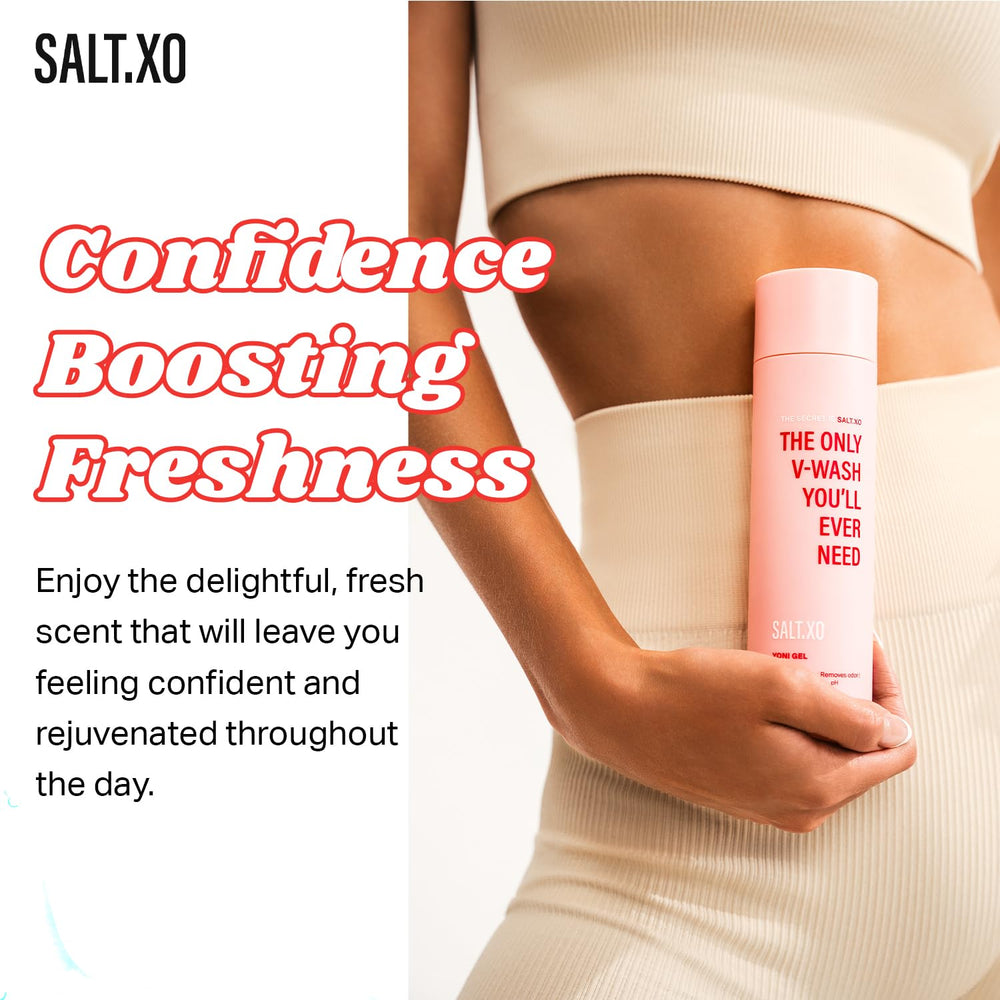 SALT.XO Yoni Gel Wash pump bottle close-up highlighting easy dispensing.