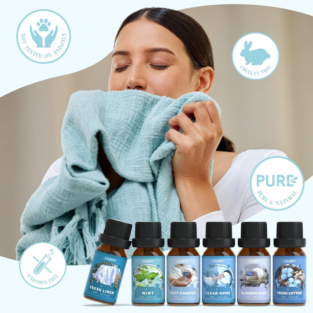 Close-up of SALUBRITO 6x10ml fragrance oil bottles in gift set