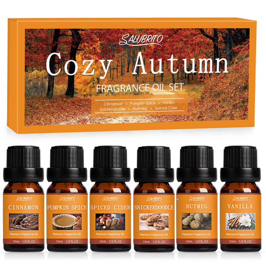 Salubrito Fall Fragrance Oils Set 6x10ml featuring Cinnamon, Pumpkin Spice, Spiced Cider, Snickerdoodle, Nutmeg, and Vanilla