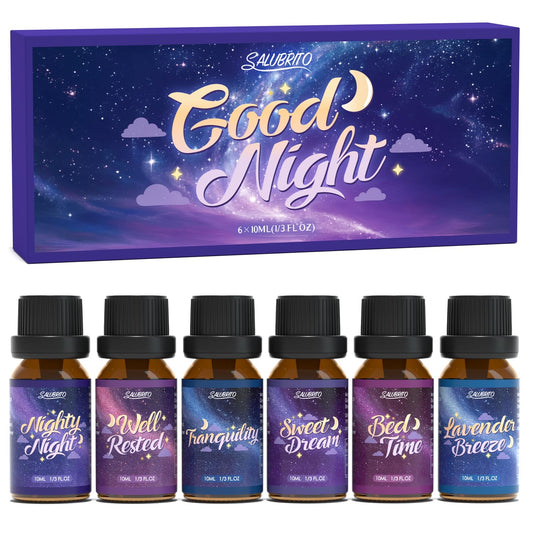 Front view of SALUBRITO Good Night fragrance oils collection