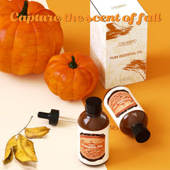 Pumpkin Pie Essential Oil bottle with dropper on autumn background