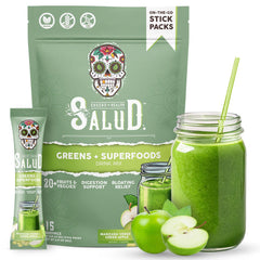 Front view of Salud 2-in-1 Greens Powder & Superfoods packets in Green Apple flavor