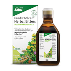 Salus Floradix Gallexier Herbal Bitters bottle with packaging on wood.