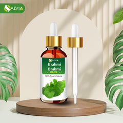 Close-up of Brahmi oil dropper and bottle