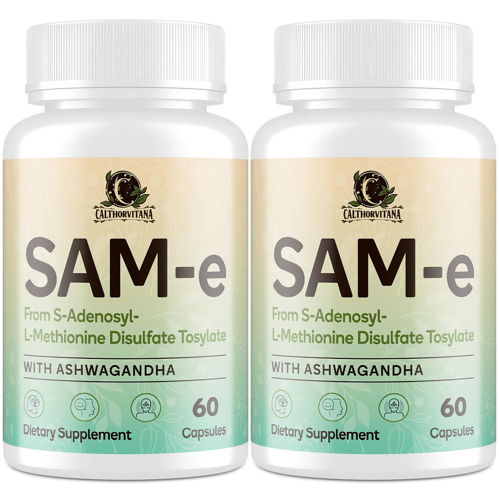 Product image showing SAM-e capsule complex with Ashwagandha, L-Theanine, Rhodiola, and St. John’s Wort