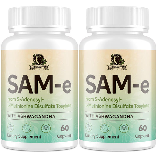 Product image showing SAM-e capsule complex with Ashwagandha, L-Theanine, Rhodiola, and St. John’s Wort