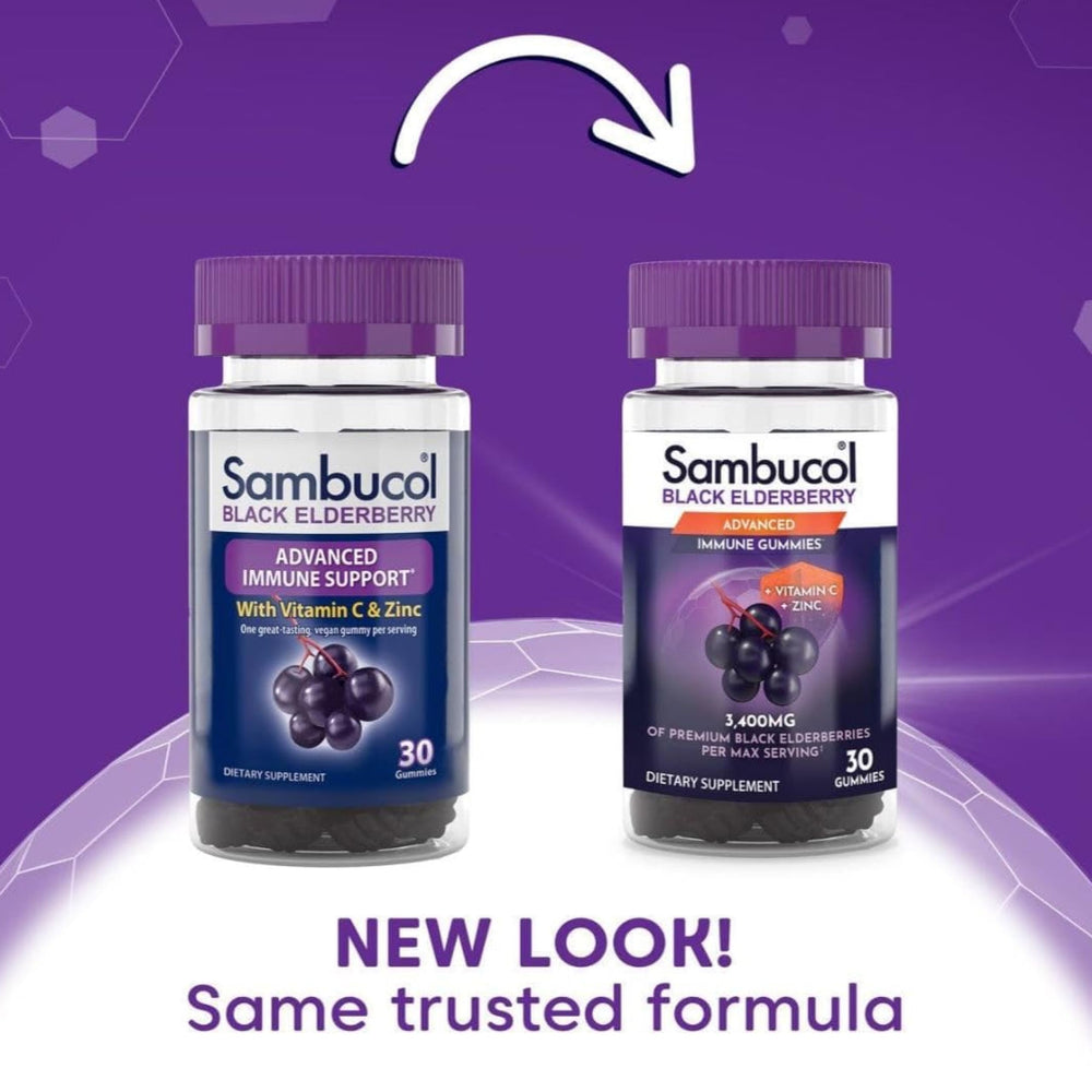 Front view of Sambucol Black Elderberry Gummies product packaging