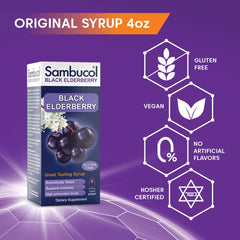Nutritional facts label for Sambucol Black Elderberry Syrup 4oz