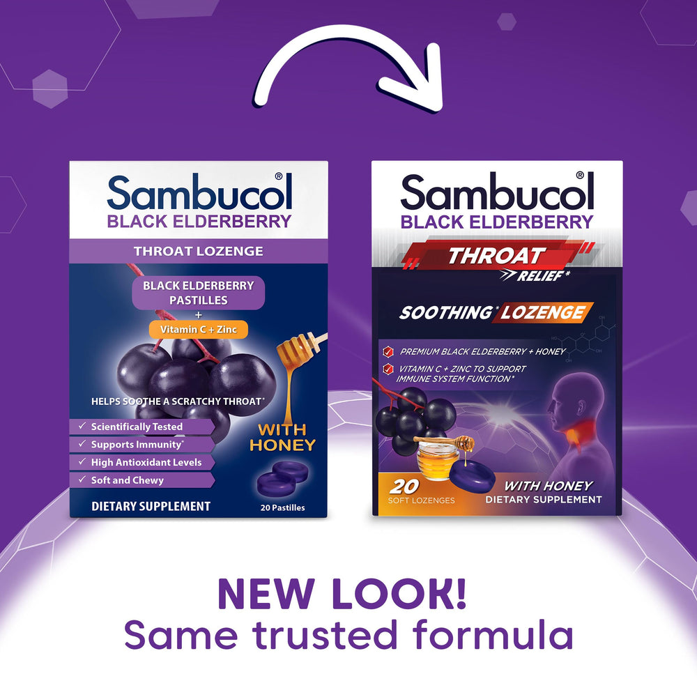 Close-up of Sambucol elderberry lozenges showing soft, chewy texture