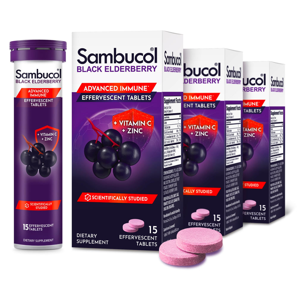 Front view of Sambucol Black Elderberry Effervescent Tabs package (15 tablets).