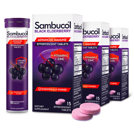 Front view of Sambucol Black Elderberry Effervescent Tabs package (15 tablets).