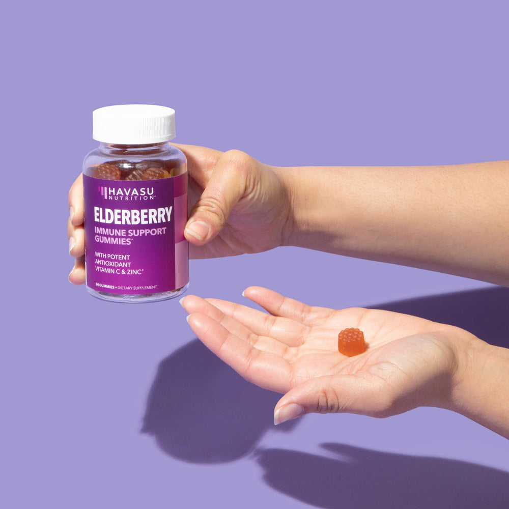 Product image featuring Sambucus Elderberry Gummies packaging and label