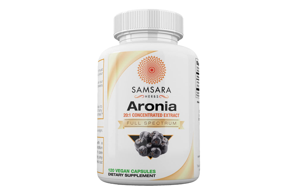 Bottle of Samsara Herbs Aronia Berry 20:1 extract (120x500mg capsules)