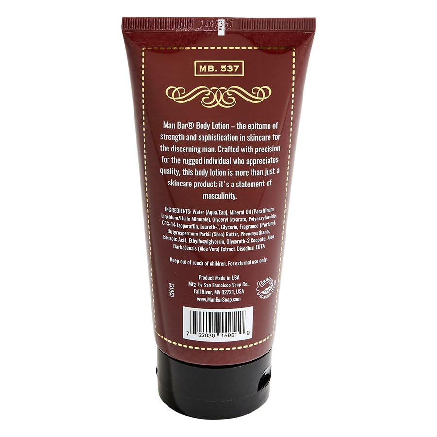 San Francisco Soap Company Man Bar Lotion close-up highlights rugged packaging and long-lasting moisture.
