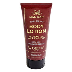 San Francisco Soap Company Man Bar Lotion bottle front shows exotic musk and sandalwood fragrance for everyday hydration.