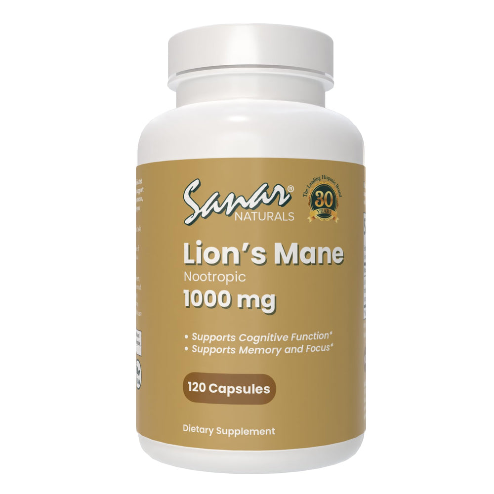 Sanar Naturals Lions Mane supplement bottle with 120 capsules.