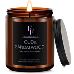 7oz Sandalwood Oud scented candle in amber glass jar