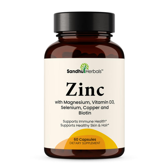 Sandhu Herbals Zinc 30mg with D3 and Magnesium bottle – 60 capsules