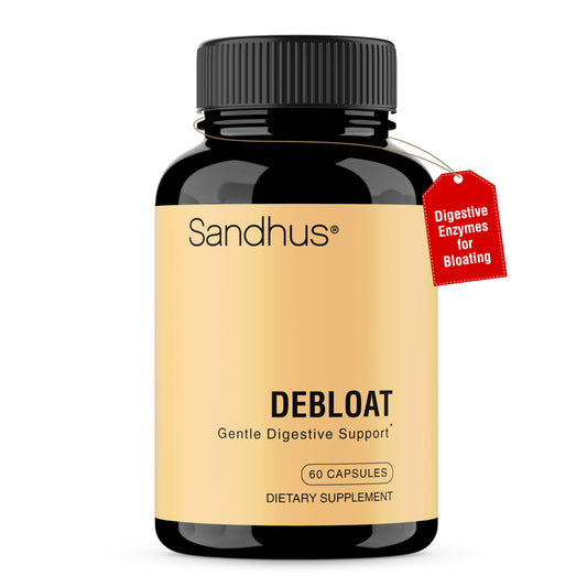 Bottle of Sandhu's Debloat Digestive Enzymes Capsules on white background
