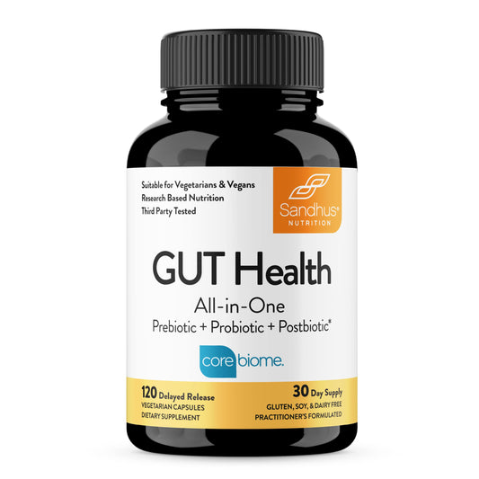 Bottle of Sandhu's Gut Health with delayed-release capsules