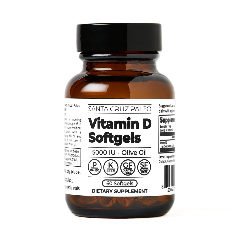 Santa Cruz Paleo Vitamin D3 5000 IU softgels bottle with olive oil carrier