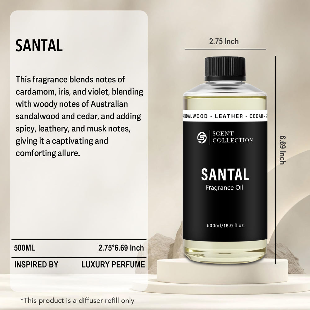 Santal diffuser oil bottle shown with premium packaging