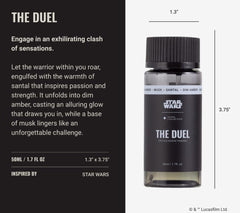 Close-up of The Duel fragrance notes: Santal, Dim Amber and Musk.